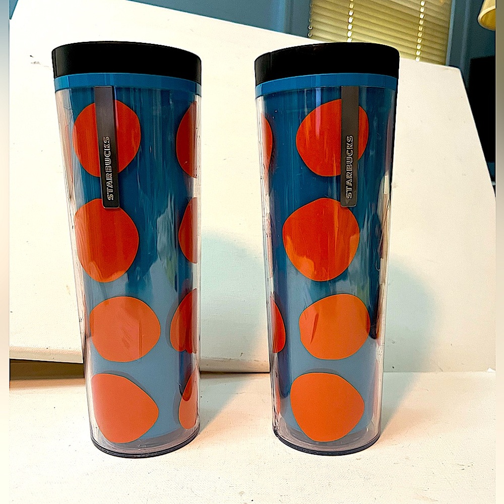 Starbucks 2 Tumblers 2013 Travel Blue with Pumpkin Orange Dots 16 Oz NWT